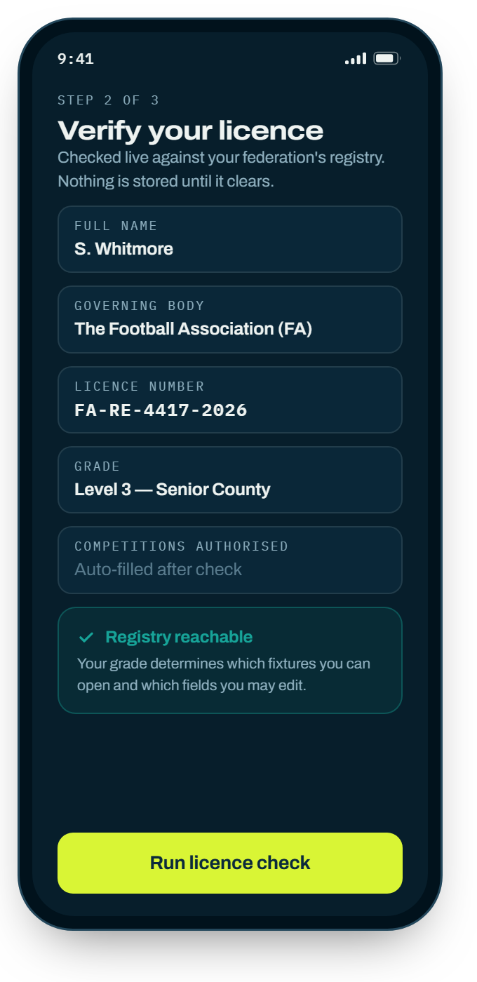 Licence verification against the governing body registry.
