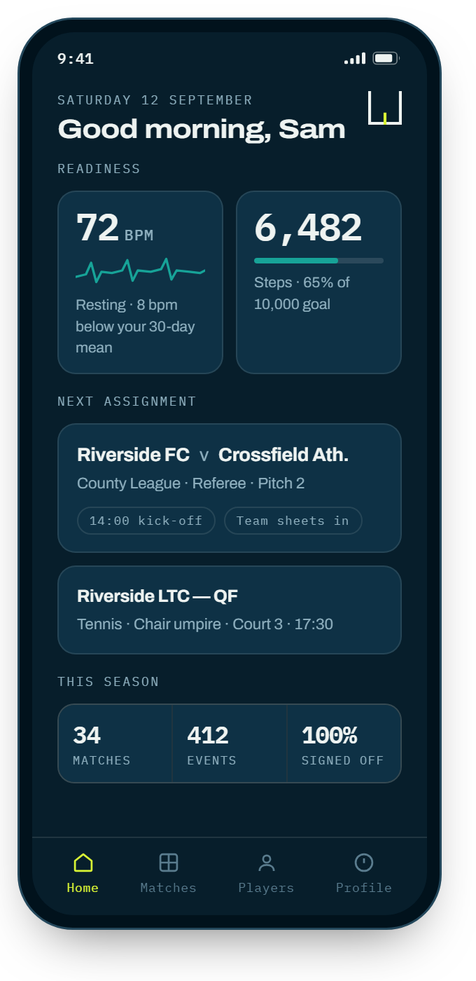 Baseline home screen showing the official's fixtures alongside their own heart rate and workload.