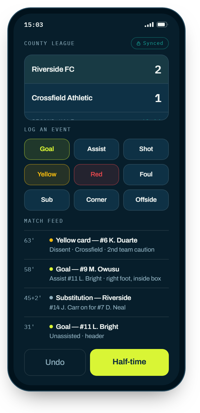 Live football match recording screen.